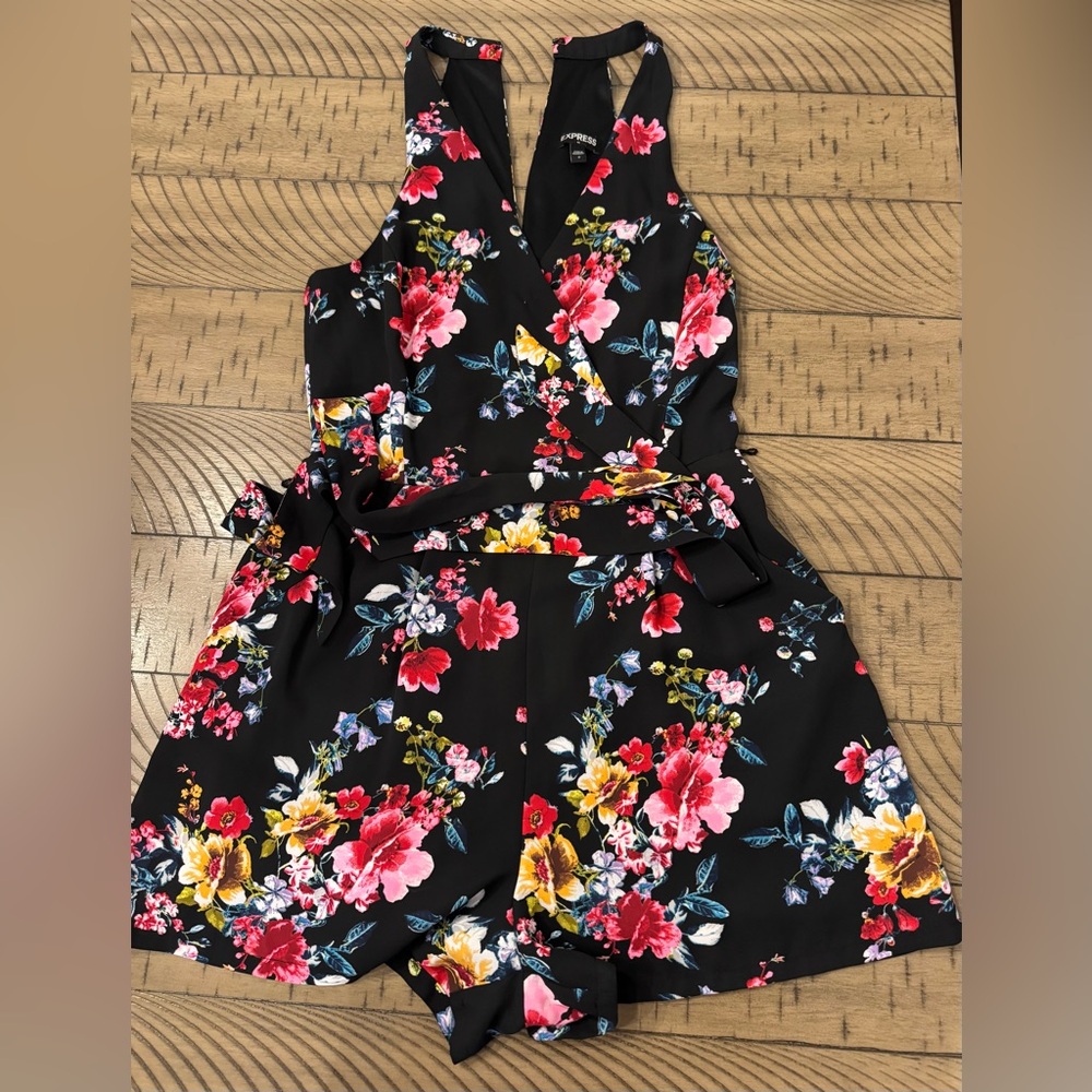 Express Black Floral Wrap Romper - Pink & Yellow Flowers